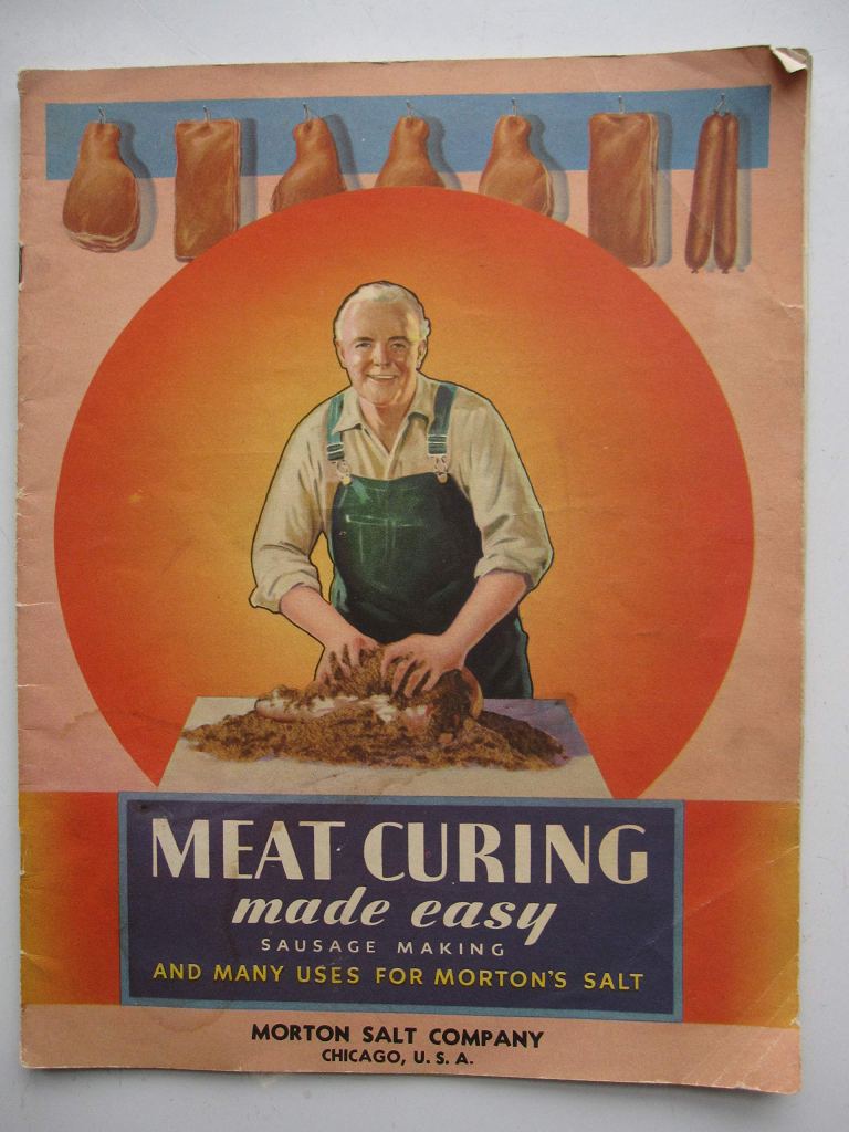 Image of Morton Salt Company brochure from 1935 showing a white-haired man in overalls massaging a salt cure into a cut of pork.